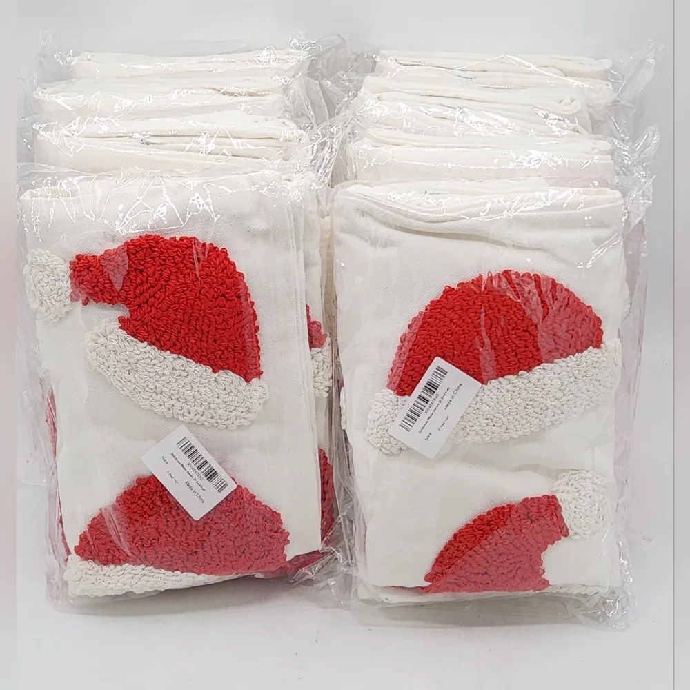 Set of 2 Tufted Santa Hat Pillow Covers Punch Needle Christmas Decor White & Red